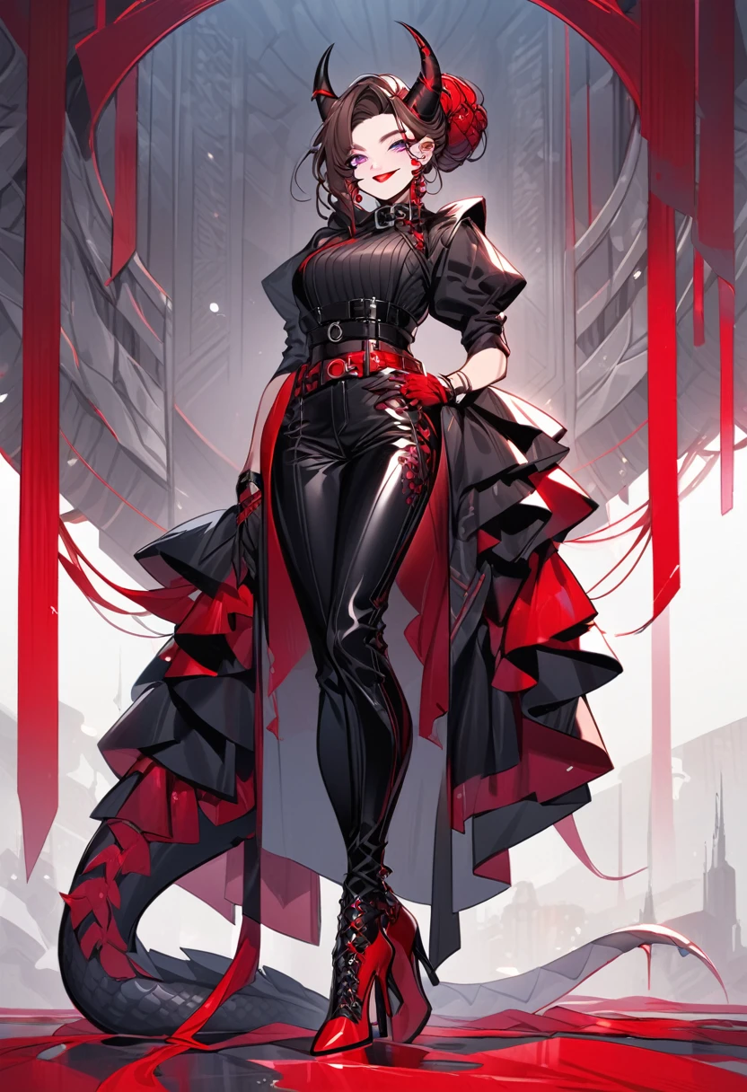 Tall woman, cheeky smile, brunette, hair gathered in a low bun, strands on the sides of face, red and black clothes, purple eyes, many red details, dragon tail and horns, belts, pants, light lipstick, high heels leather boots