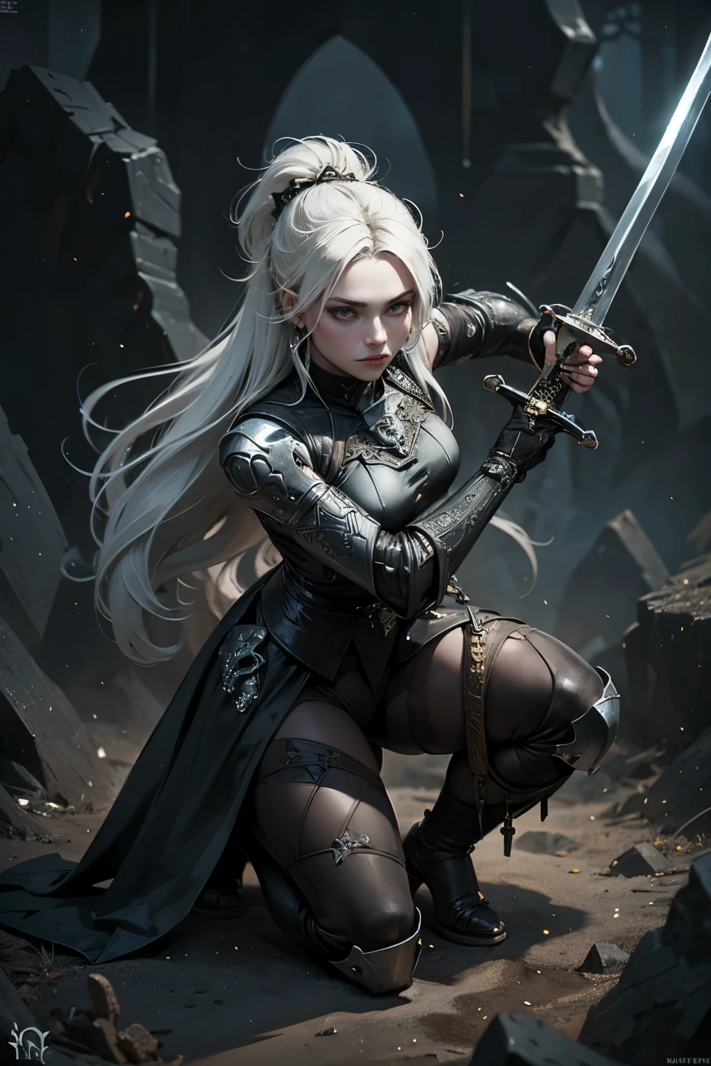 Girl on tounic, crusader logo.  Curvy hairs. Fight pose,  ((She has the sword iron with black patterns)), in the  ruined cursed cave, (old bones  around on ground) , good quality, detailed, rendered face, rendered, best art, madterpiese, Pro quality, best variation