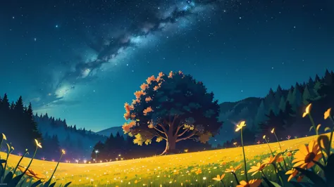 4k ultra HD night sky beautiful perfect stars, field of flowers, perfect lighting night