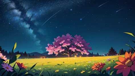 4k ultra HD night sky beautiful perfect stars, field of flowers, perfect lighting night