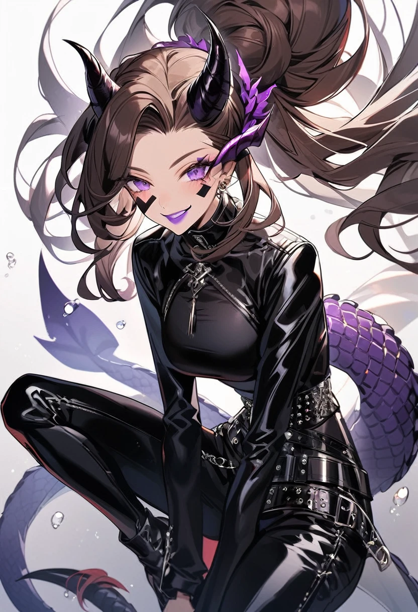 Tall woman, cheeky smile, brunette, hair gathered in a low bun, strands on the sides of face, red and black clothes with transparent elements, purple eyes, dragon tail and horns, belts, pants, light lipstick, high heels leather boots