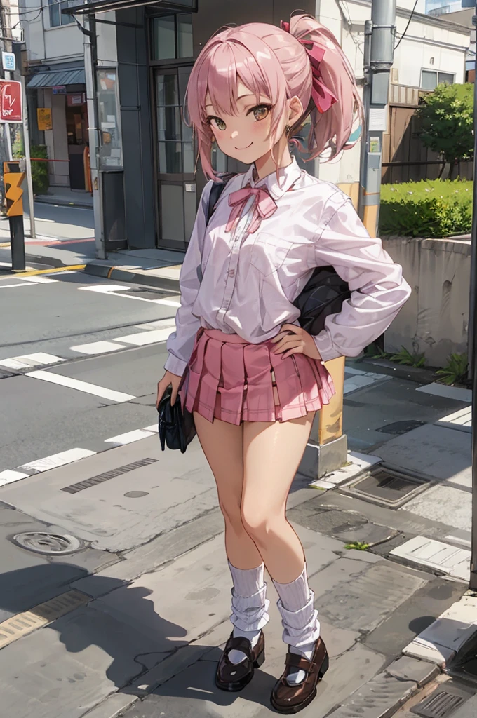 1girl,pink shirts,neck ribbon loose socks,,miniskirt,standing,outdoor,smirk,flat chest,smile,(((gyaru))),ponytail