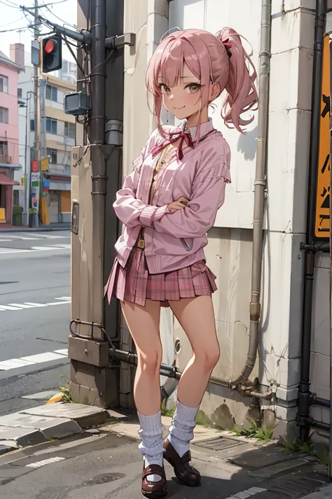 1girl,pink shirts,neck ribbon loose socks,,miniskirt,standing,outdoor,smirk,flat chest,smile,(((gyaru))),ponytail