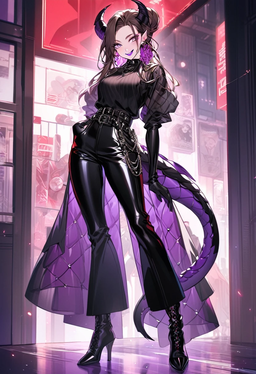 Tall woman, cheeky smile, brunette, hair gathered in a low bun, strands on the sides of face, red and black clothes with transparent elements on top clothes, purple eyes, dragon tail and horns, belts, pants, light lipstick, high heels leather boots