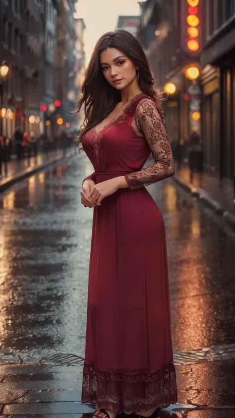 (best quality,8k, ((wearing lace maxi dress)),standing,red light district,highly detailed face and skin texture,detailed eyes,do...