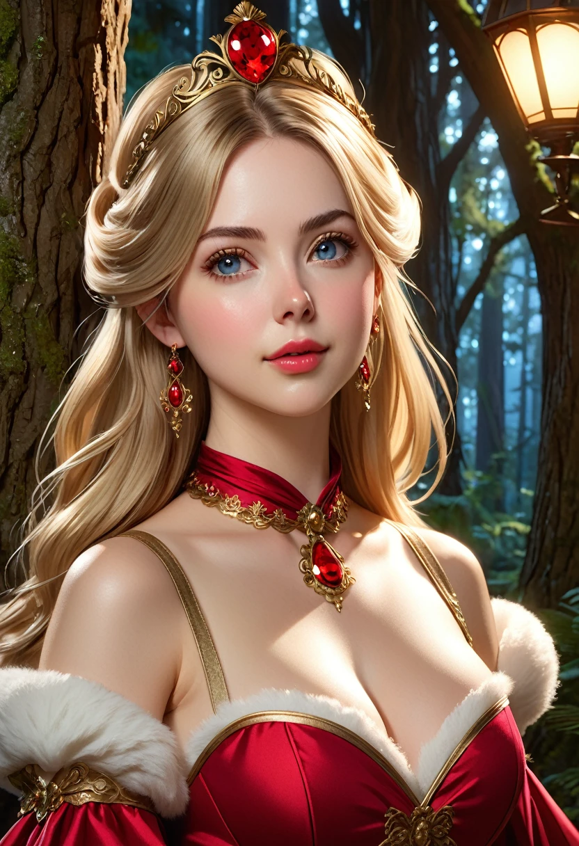 the overall theme and style should feel like. a hybrid of fairytale and Science Fiction. extremely beautiful model, female, long blonde hair, perky breasts, cleavage,, oppulentform fitting hooped skirt, red corset, large exagerated extravagant tiara. Wide Smile, Eyes Detailed & Wide, sexy Pose. Ultra HD, Rococo-Inspired Fantasy Art With Intricate Details. Cute, Charming Expression, Alluring-Gaze, looking at viewer Beautiful Eyes, An-Ideal-Figure. Large Youthful Well-Shaped-Breasts, Attractive ass showcased. Massive-Round-Bosom, Décolletage. slim waist, fit body, full lipsWarm lights , woman in a dreamy forest at night, with fluffy hair, delicate face, realistic, real, slim, large aperture, sexy shots, attractive poses,Stunnin gly beautiful merge of , Alison Brie, Scarlett Johanson, Dove Cameron. symmetrical face, photorealistic, photography, path tracing, specular lighting, volumetric face light, path traced hairmaximum quality{(masutepiece) (8K High Resolution) (top-quality)
