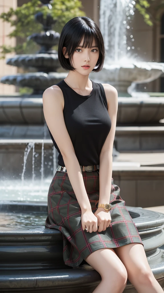Highest quality, Super quality, 16K, Incredibly absurd, very, Cute European Caucasian Woman, 24-years-old, Captivating look, Excited expression, black hair long bob cut, Wearing a Burberry checked skirt, Black tank top sweater with braided pattern, Best body shape, Sit at the Fountain Square