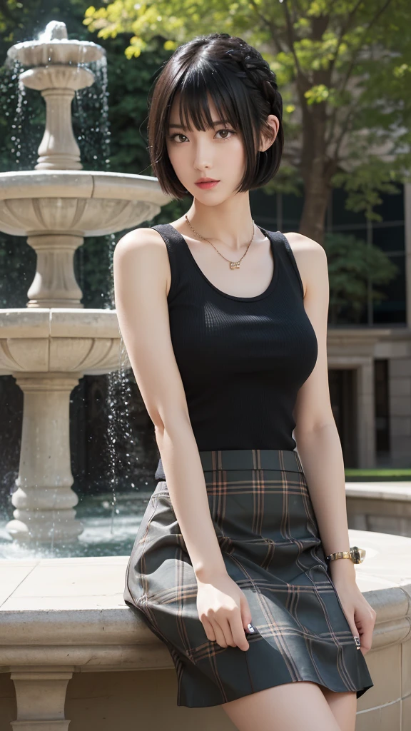 Highest quality, Super quality, 16K, Incredibly absurd, very, Cute European Caucasian Woman, 24-years-old, Captivating look, Excited expression, black hair long bob cut, Wearing a Burberry checked skirt, Black tank top sweater with braided pattern, Best body shape, Sit at the Fountain Square