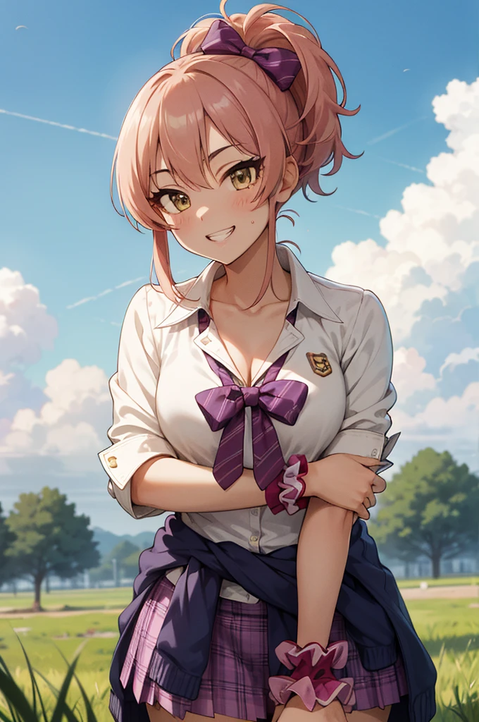 masterpiece, best quality, highres, aamika, ponytail, hair bow, collarbone, , striped, bowtie, collared shirt, white shirt, sleeves rolled up, wrist scrunchie,, clothes around waist, plaid skirt, purple skirt, , field, smile, grass, outdoors,(((Gyaru))),cleavage,lean forward,grin