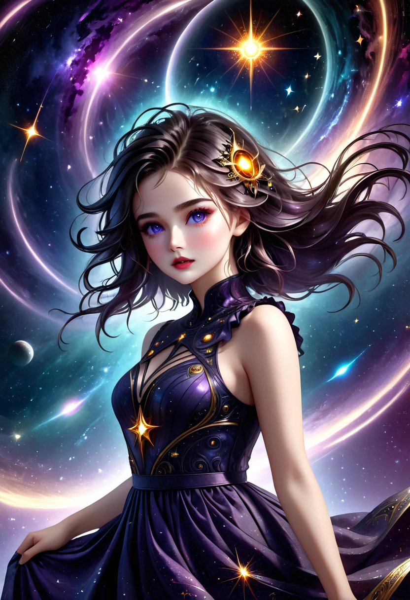 plano general, cuerpo entero, astrologa, magia astros, idílico, 1girl:1.5, beautiful detailed eyes, beautiful detailed lips, extremely detailed face and eyes, long eyelashes, elegant flowing dress, galaxy stars space background, cinematic lighting, ultra-realistic, 8k, high quality, masterpiece, photorealistic, hyper detailed, intricate details, dramatic lighting, vibrant colors, fantasy, concept art style