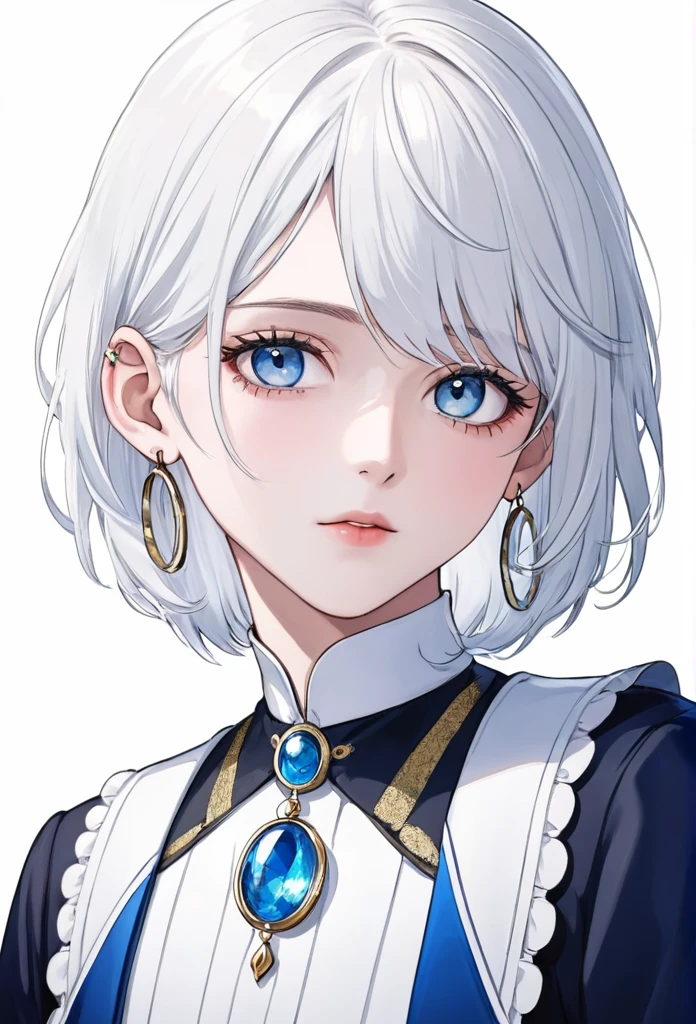 Boy with white hair somewhat long to the neck, with fringe up to the ear, big tender light blue eyes, delicate white skin with hoop earrings