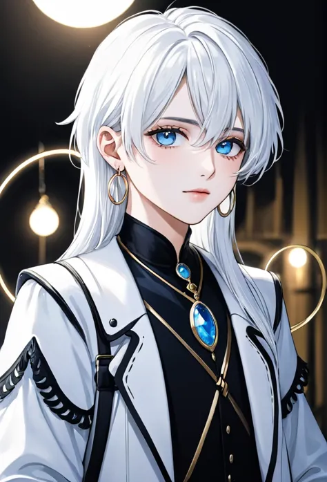 boy with white hair somewhat long to the neck, with fringe up to the ear, big tender light blue eyes, delicate white skin with h...