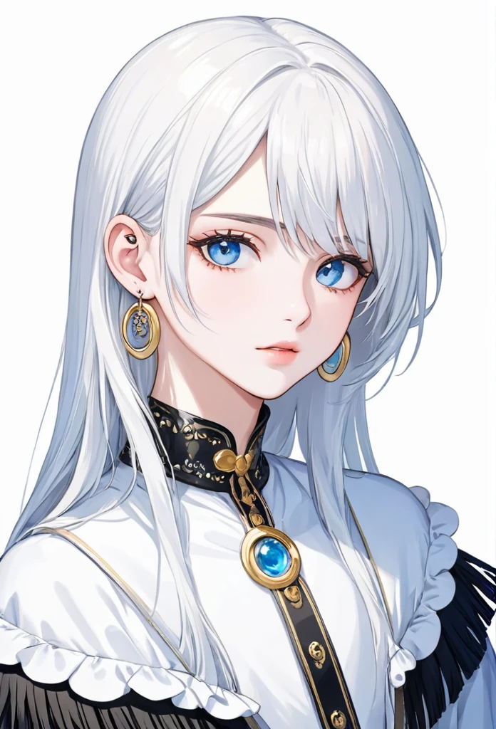 Boy with white hair somewhat long to the neck, with fringe up to the ear, big tender light blue eyes, delicate white skin with hoop earrings