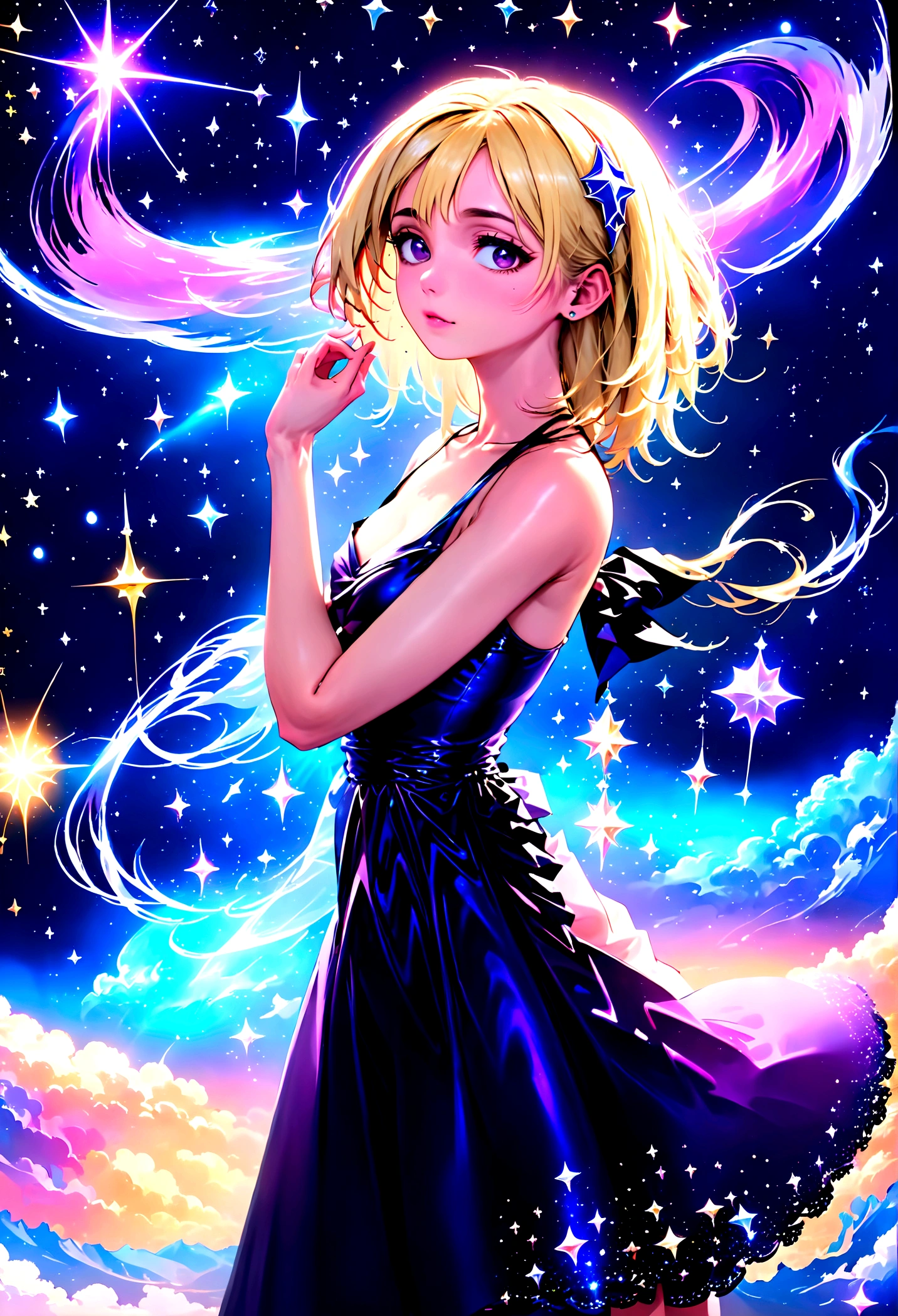 a portrait of an astrologer looking to the sky at libra constellation in the night sky, an extraordinary beautiful woman, there is magic in her eyes divining the future from the Libra constellation, blond hair, dynamic hair style, wearing an intricate dark purple dress decorated with glowing stars, she looks to the night sky seeing the ((Libra constellation in the sky: 1.5)), vibrant, Ultra-high resolution, High Contrast, (masterpiece:1.5), highest quality, Best aesthetics), best details, best quality, highres, 16k, [ultra detailed], masterpiece, best quality, (extremely detailed), Cinematic Hollywood Film, magical sky, FireMagicAI, dark novel