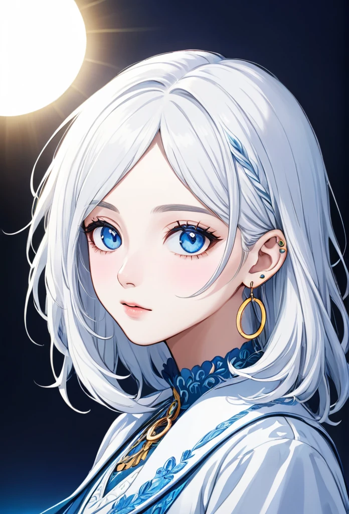 Boy man with white hair somewhat long to the neck, with fringe up to the ear, big tender light blue eyes, delicate white skin with hoop earrings, somewhat feminine facial features