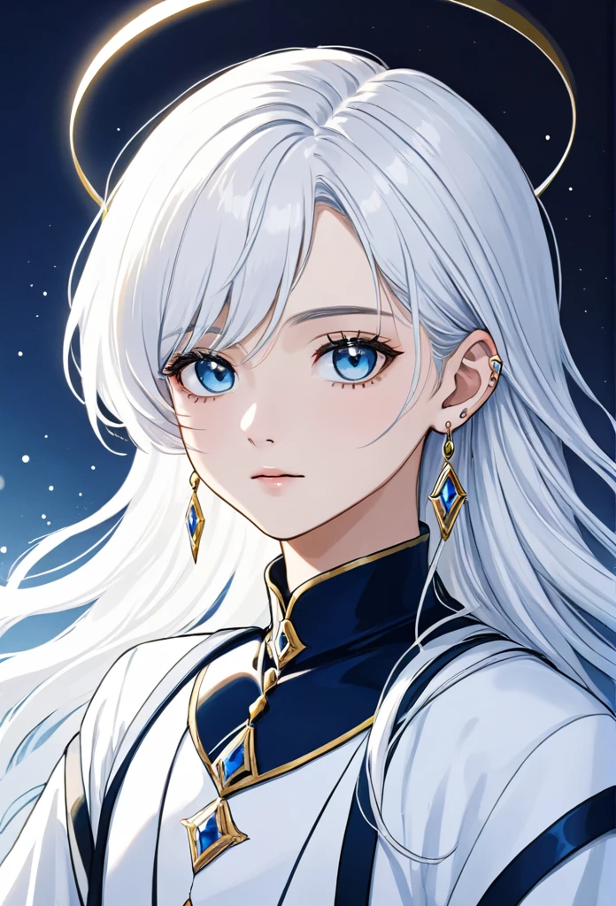 Boy man with white hair somewhat long to the neck, with fringe up to the ear, big tender light blue eyes, delicate white skin with hoop earrings, somewhat feminine facial features