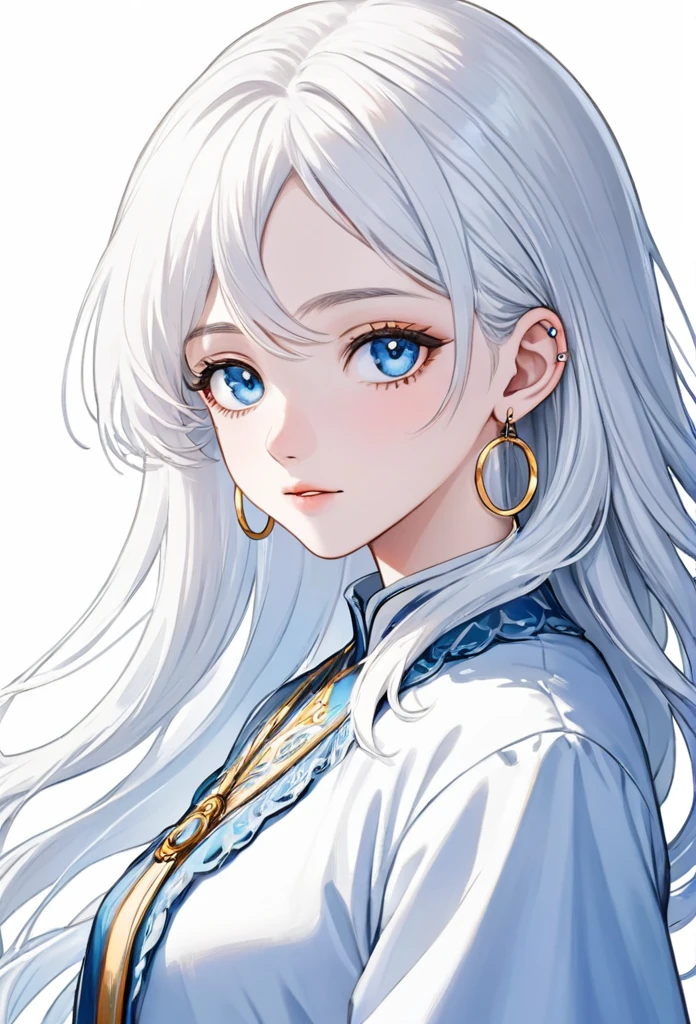 Boy man with white hair somewhat long to the neck, with fringe up to the ear, big tender light blue eyes, delicate white skin with hoop earrings, somewhat feminine facial features