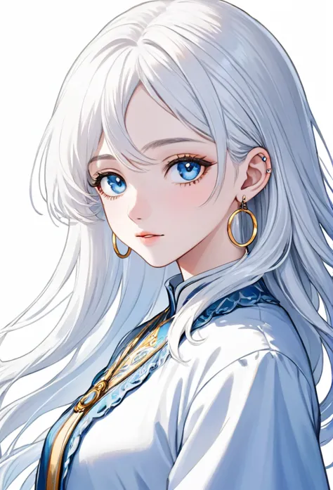 boy man with white hair somewhat long to the neck, with fringe up to the ear, big tender light blue eyes, delicate white skin wi...