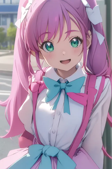 best quality, masterpiece, highres, solo, {cure_prism_hirogaruskyprecure:1.15}, long_hair, green_eyes, pink_hair, bow, open_mout...