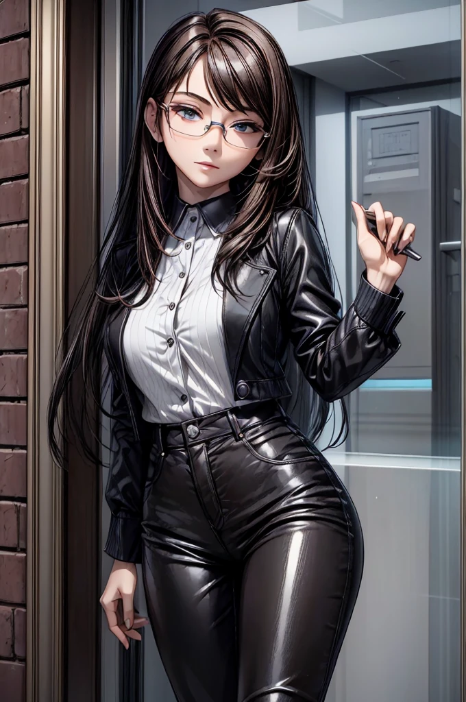 (masterpiece, best quality:1.2), detailed face, detailed eyes, elegant woman, long hair, high heeled,shiny skin,welcomes you at the door, Shirt, pants,random colar, ponitail hair,cool attitude,cool glasses,exciting,cool, perfect hand:1