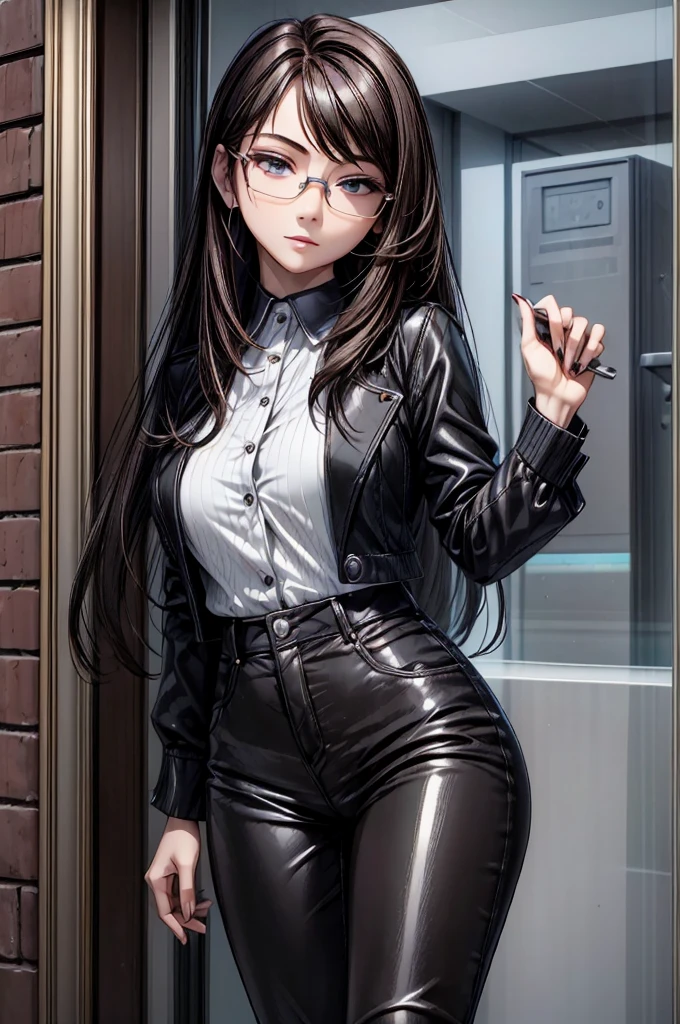 (masterpiece, best quality:1.2), detailed face, detailed eyes, elegant woman, long hair, high heeled,shiny skin,welcomes you at the door, Shirt, pants,random colar, ponitail hair,cool attitude,cool glasses,exciting,cool, perfect hand:1