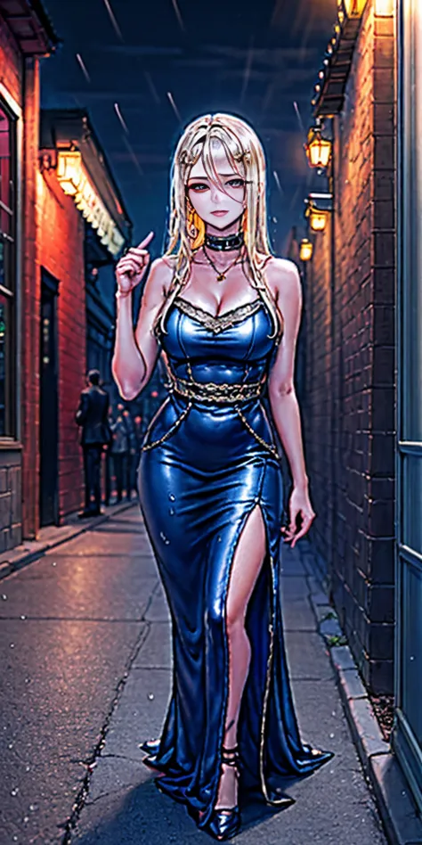 Setting: Atmospheric Street Background (Think bustling city street at night with neon lights and rain, a foggy alleyway, or a de...