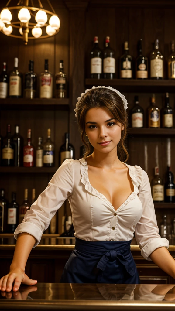 During the French Revolution、Standing behind the bar counter、Bartender－、Downtown woman,  beautiful French Ｆemale, To entertain a drunk person、Around 20 years old、Typical commoner&#39;s costume of that time