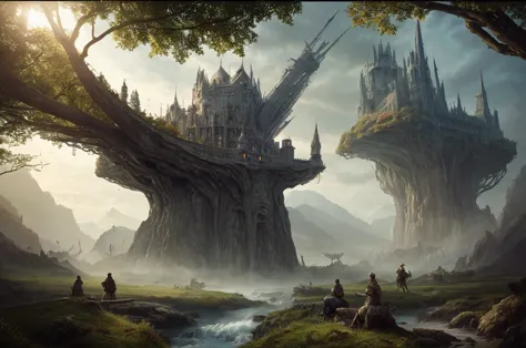 inspiré de Tolkien, À la manière de John Howe, detailed fantasy landscape, enchanted forests, majestic mountains, epic battles, ...