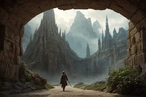 inspiré de Tolkien, À la manière de John Howe, detailed fantasy landscape, enchanted forests, majestic mountains, epic battles, ...