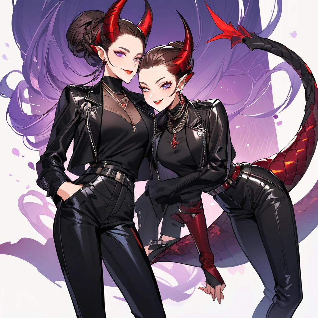 tall woman, cheeky smile, brunette, hair pulled back into a low bun, strands on the sides of the face, red and black clothes with open chest, deep necklace, purple eyes, dragon tail and horns, belts, trousers, light lipstick, high-heeled leather boots