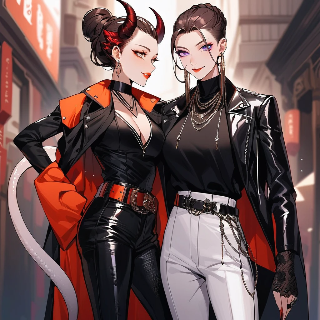 tall woman, cheeky smile, brunette, hair pulled back into a low bun, strands on the sides of the face, red and black clothes with open chest, deep necklace, purple eyes, dragon tail and horns, belts, trousers, light lipstick, high-heeled leather boots