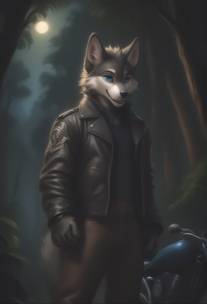 detailed Illustration, dynamischer Winkel, ultra-detailliert, Illustration, 1 Junge, Lederjacke, wolf, silver wolfkin, blaue Augen, im Wald stehen, Disney-Stil, Glücklich, Karikatur, auf einem Motorrad lehnen, Nacht