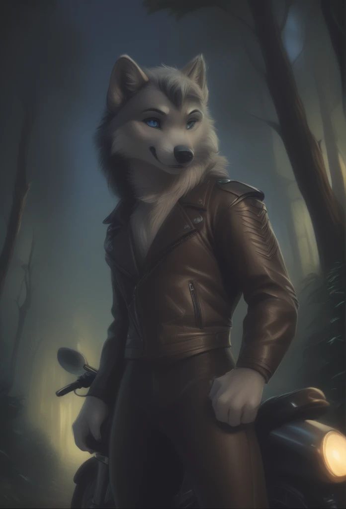 detailed illustration, dynamic angle, ultra-detailed, illustration, 1boy, leather jacked, wolf, silver wolfkin, blue eyes, standing in woods, disney style, happy, cartoon, leaning on a motorcycle, night