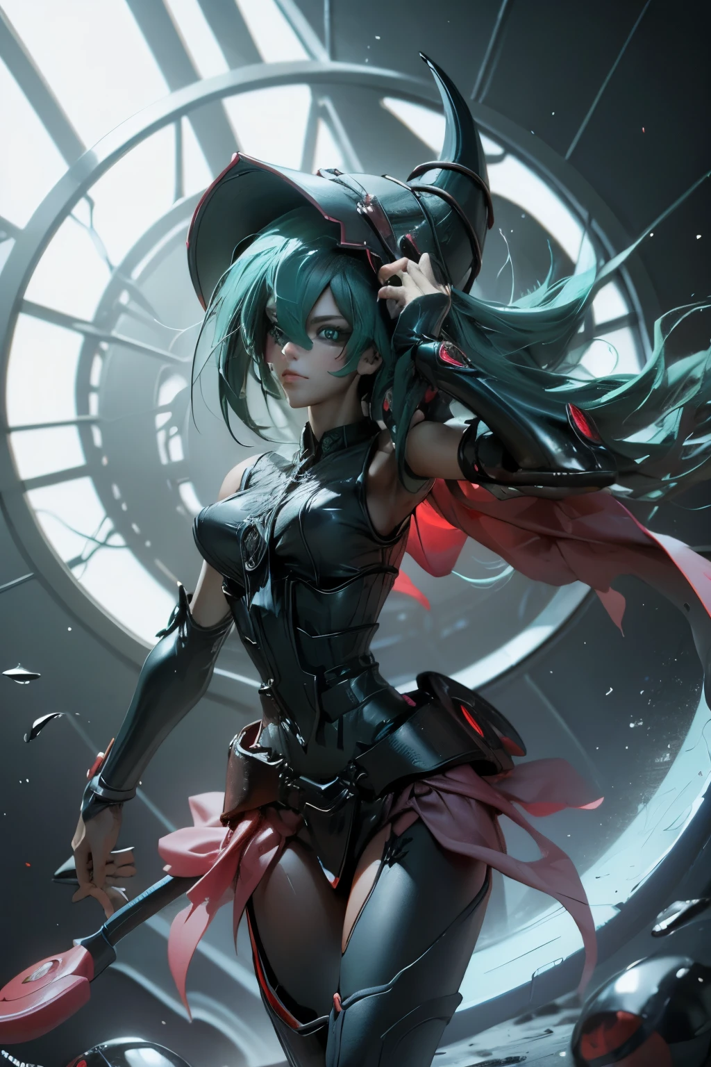 初音未來偽裝成黑魔法師吉爾斯. 擺出性感性感的姿勢. 大的 . 黑暗魔法師吉爾斯服裝. 黑色西裝搭配紅色. 