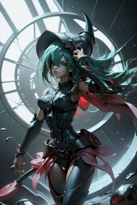 hatsune miku disguised as dark magician gils. pose sexy y sensual. big . dark magician gils costume. black suit with red.