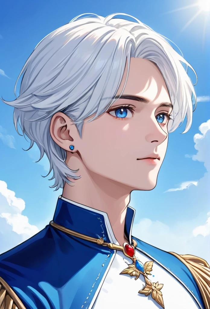 Masculine guy with white hair up to his neck, tender eyes blue as the sky, White and delicate skin, long earrings