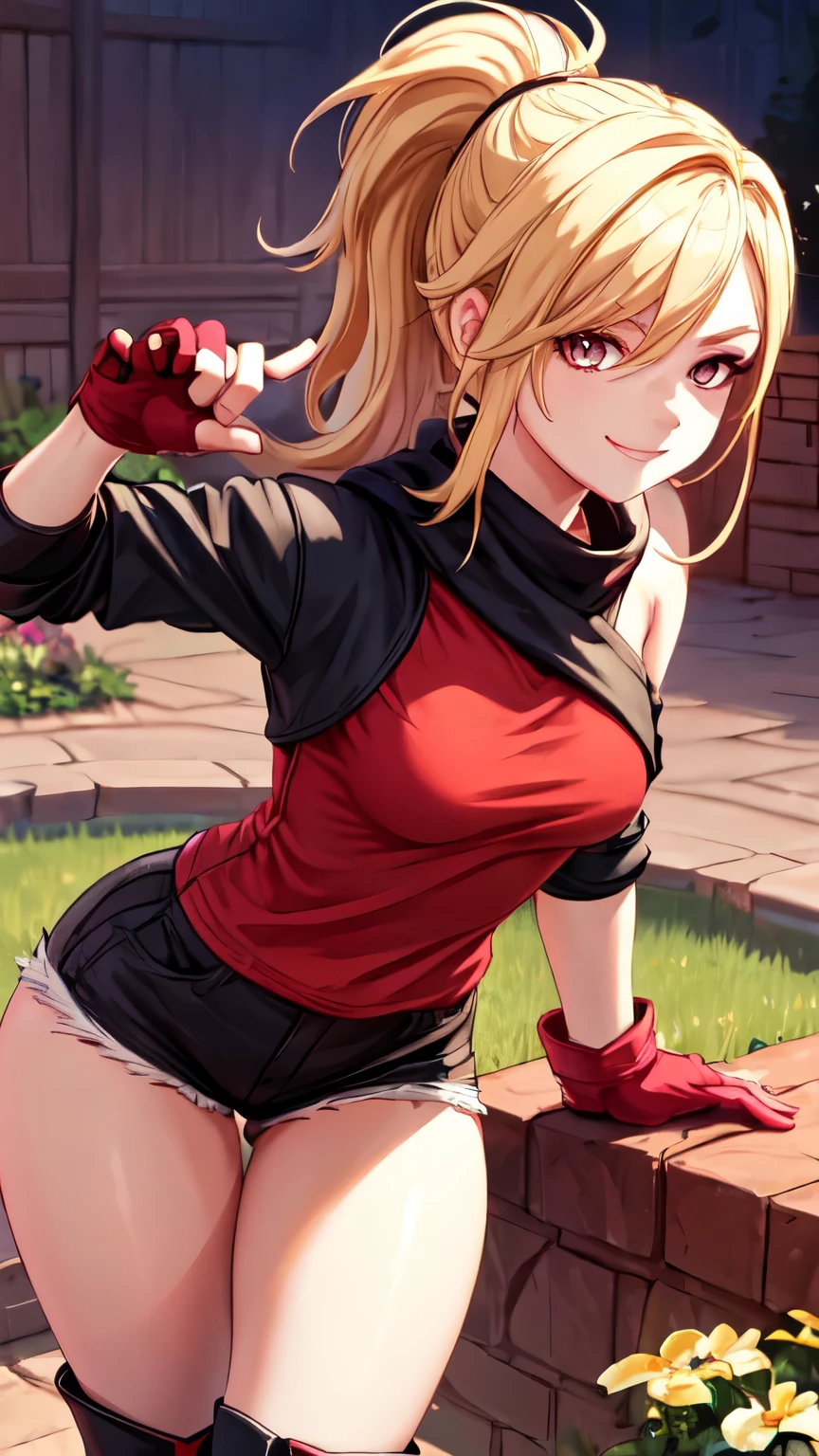 (best quality:1.2),solo,1girl,mdrin,smile,looking at viewer,lovely pose, ponytail,v-shaped eyebrows,red shirt, fingerless gloves,black shorts , garden background, warm color tones,soft lighting, Hair over one eye, ultra long hair, standing on hooftop, long boots, long ponytail, blonde 