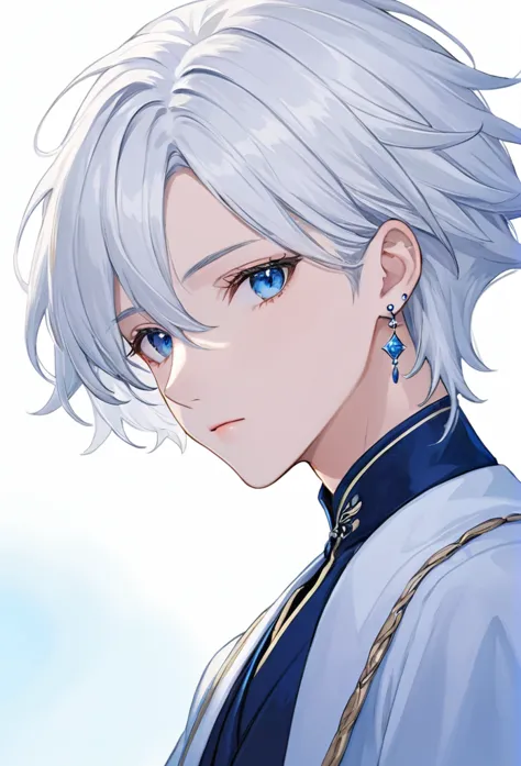 white haired omega male boy up to his neck, tender eyes blue as the sky, white and delicate skin, long earrings