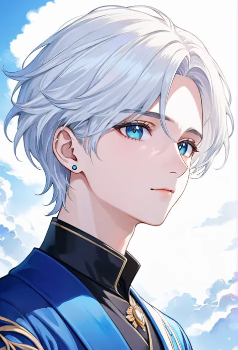 white haired omega male boy up to his neck, tender eyes blue as the sky, white and delicate skin, long earrings