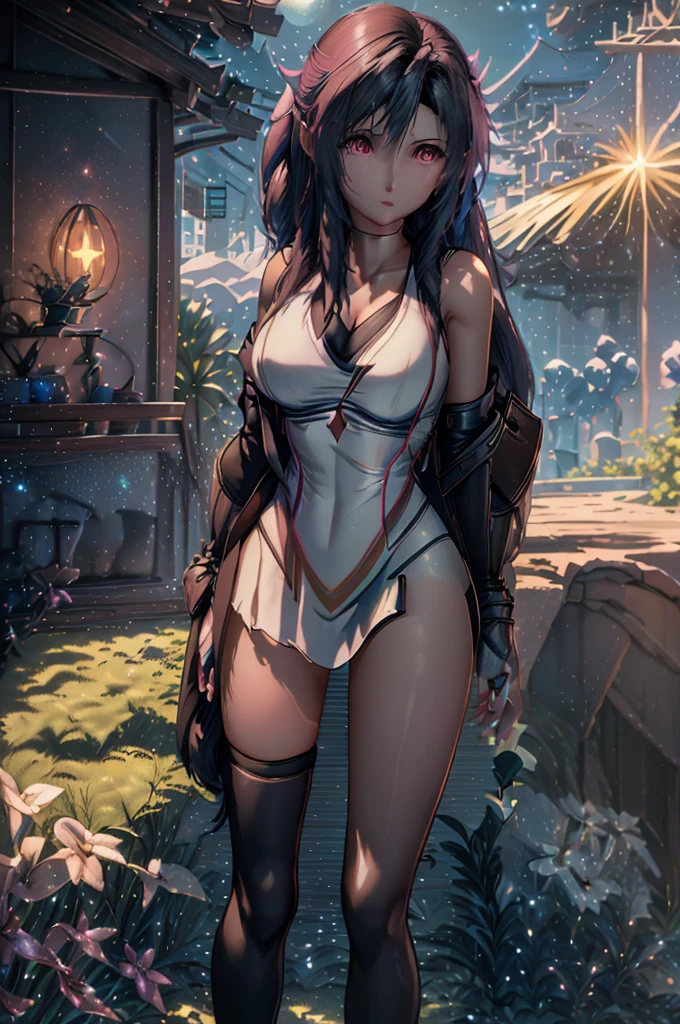 (8K HDR photorealistic pic:1.2), Tifa Lockhart, muscular, athletic, cheerful, toned body, (massive breasts), hourglass figure, fighter, long dark hair tied with ribbon at the end, ((Aerith costume, white dress, pink jacket)), realistic, seductive, red eyes, soft shadows, (masterpiece), Starry Sky with Mountains and Lake, Inspired by Jessica Rossier, Jessica Rossier Fantasy Art, Concept Art Magic Highlights, Official Artwork, Dream Painting, Ethereal Realm, Atmospheric artwork, dreamy matte paintings, serene endless stars inspired by Ted Nasmith, moonlit starry environments, epic music album covers.