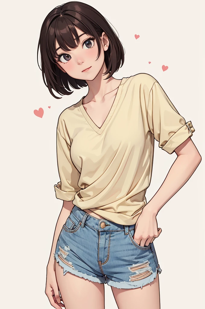 (((masterpiece, best quality, ultra highres, 1 girl, solo, no background))), super detailed skin and face and eyes and finger, beautiful japanese woman, small breasts:1.5, skinny, light brown hair, white background, very short pixie hair, Knee shot, Generate with illustrations, Various expressions, Various poses, Please draw the entire character within the frame, ensuring that the head, arms, and legs are not cut off. The background should be simple, with the character positioned centrally, outline, anime, 2d, laugh, boyish, camisole, shorts, 