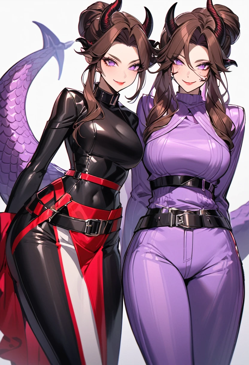 Tall woman, cheeky smile, brunette, hair gathered in a low bun, strands on the sides of face, red and black tight clothes, purple eyes, dragon tail and horns, belts, pants, light lipstick