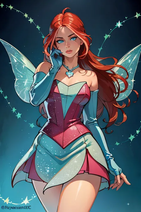 (Bloom), (fair skin, red hair, blue eyes), (FairyOutfit), (blue dress, cyan gloves, sparkling outfit, heart necklace, blue fairy...