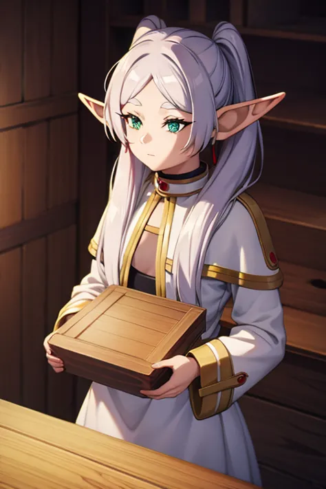 an elf , looking at a chest 