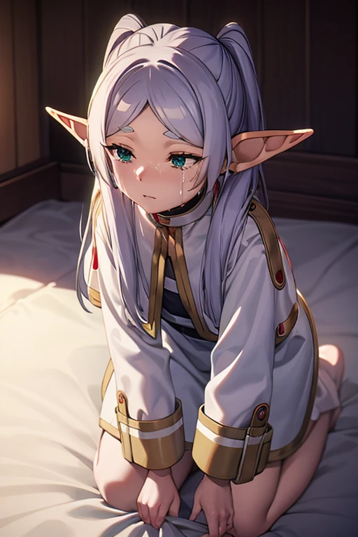 arrodillado en la cama, con camisa blanca transparente, duelo, orejas de elfo , sollozando 