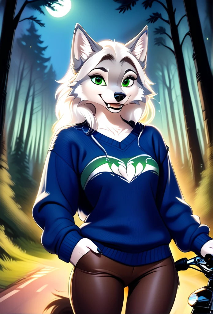 detailed Illustration, dynamischer Winkel, ultra-detailliert, Illustration, 1 Mädchen, blauer Pullover, wolf, white wolfkin, grüne Augen, im Wald stehen, Disney-Stil, böses Grinsen, Karikatur, auf einem Motorrad lehnen, Nacht