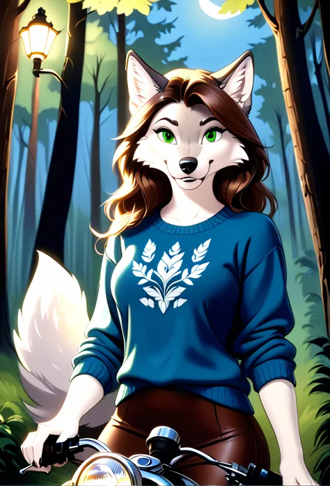 detailed illustration, dynamic angle, ultra-detailed, illustration, 1girl, blue sweater, wolf, white wolfkin, green eyes, standi...