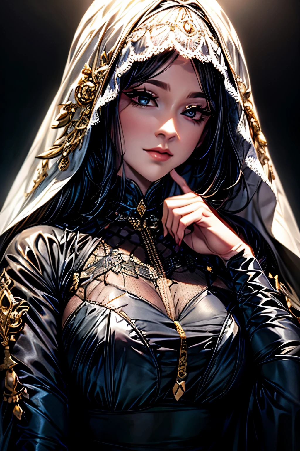 a chubby elegant woman in a white and gold veil covering her eyes, fingers on her lips, long silver nails, black background, photo-realistic, high quality, intricate details, oil painting, dramatic lighting, muted colors, mysterious atmosphere