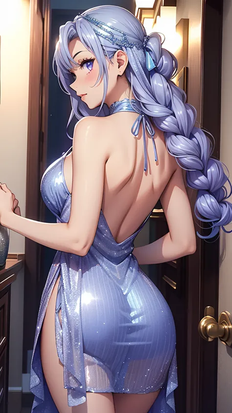 Beautiful sexy girl in a sexy blue-silver blue-lavender sequined party dress, brillante, elegante, big ass, mitsuri  kanroji,