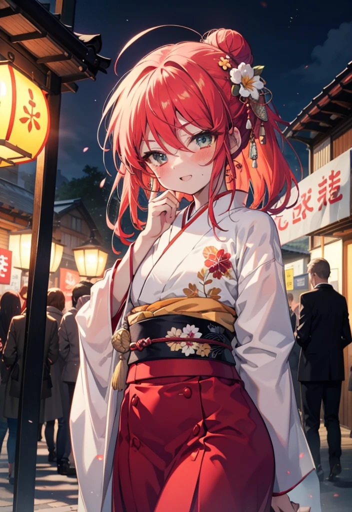 Shana,灼眼のShana,Long Hair, Red hair,Red eyes,Ahoge,smile,blush,Open your mouth,Hair Bun, single Hair Bun,blush,Red Kimono,Thick sleeves,Red long skirt,日本のfestival,夏festivalの屋台,Red lantern,So that the whole body goes into the illustration,Walking,　　　　　　　　　　　  break looking at viewer, Upper Body (Cowboy Shot:1. 5),  　　　　　　　　　　　　　　　　　　break outdoors, shrine,festival, 　　　　　　　　　　　　　break (masterpiece:1.2), Highest quality, High resolution, unity 8k wallpaper, (shape:0.8), (Beautiful and beautiful eyes:1.6), Highly detailed face, Perfect lighting, Highly detailed CG, (Perfect hands, Perfect Anatomy),